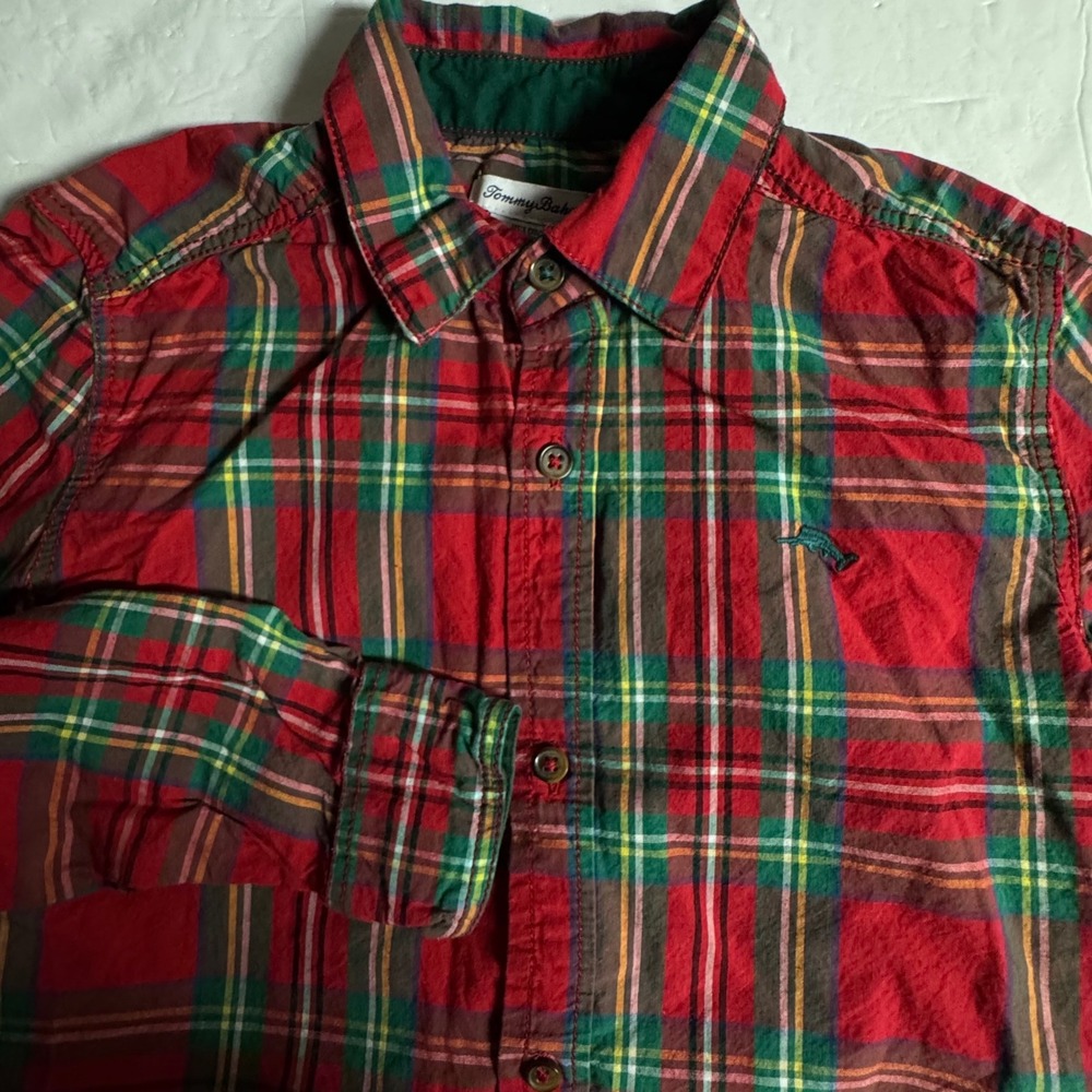 Tommy Bahama Boys Red Green Plaid Button Down Shirt Size L 10/12 Marlin Logo